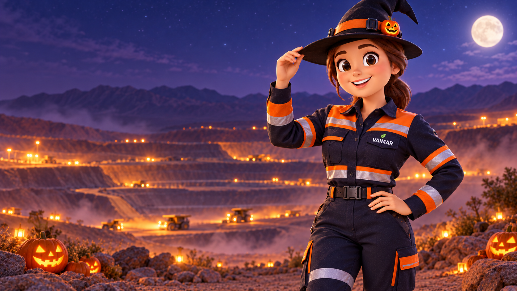 Mara, personaje oficial de VAIMAR, con uniforme minero reflectante en una faena nocturna de Calama ambientada para Halloween